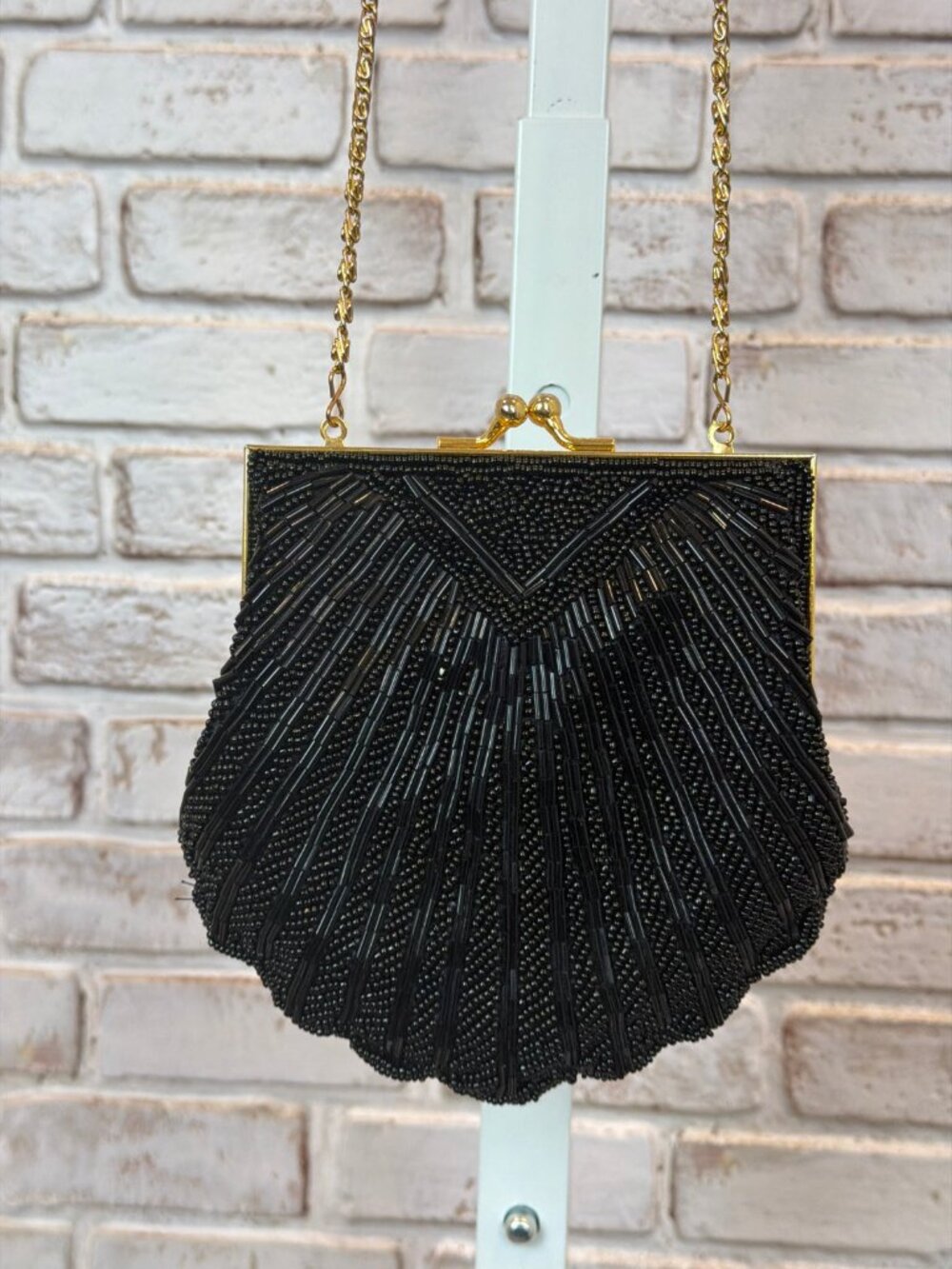 Valerie Stevens Vintage Beaded Shell Clutch Evening Bag Black Gold